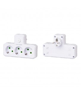 Розетка тройникТ-образнаый с заземлением F301-White, 3 розетки, 2500W, 10A, 110-250V~Max, Blister