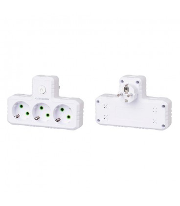 Розетка трійник Т-подібний із заземленням F301-White, 3 розетки, 2500W, 10A, 110-250V~Max, Blister
