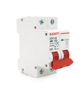 Автоматический выключатель постоянного тока ZADOTI DZ47-63C63 2P DC1000V, 63A, 6kA, DIN, 35*76*79mm
