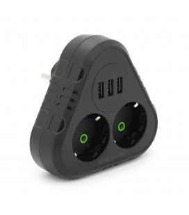Розетка тройник с заземлением F202-Black, 2 розетки+3USB(1А), 2500W, 10A, 110-250V~Max, Blister