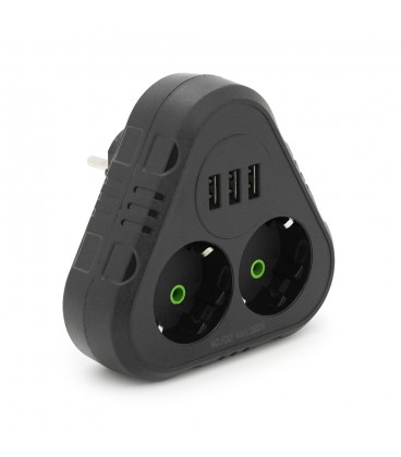 Розетка трійник із заземленням F202-Black, 2 розетки+3USB(1А), 2500W, 10A, 110-250V~Max, Blister