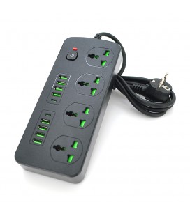 Мережевий фільтр  Т25, 4 розетки + 8 USB + 2 PD, 2 м, перетин 3х0, 75мм, 3000W, Black, Box