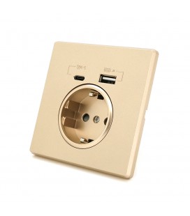 Розетка врезная с заземлением, Input: AC:110-250V/16A, Type-C/USB-выходы, Gold