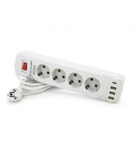 Мережевий фільтр F24U, 4 розетки EU+3 USB+PD, кнопка включення з індикатором, 2 м, 3х0,75мм, 2500W, White, Box