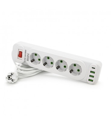 Сетевой фильтр F24U, 4 розетки EU + 3 USB + PD, кнопка включения с индикатором, 2 м, 3х0,75мм, 2500W, White, Box