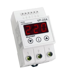 Защитное реле напряжения однофазное VP-25A на DIN-рейку, 25А, 5500Вт, 120-270В, трехмодульное с индикатором напряжения (красный)