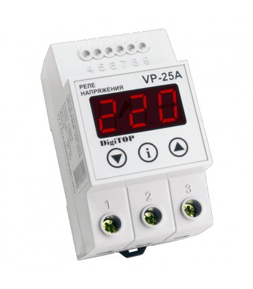 Захисне реле напруги однофазне VP-25A на DIN-рейку, 25А, 5500Вт, 120-270В, тримодульне з індикатором напруги (червоний)