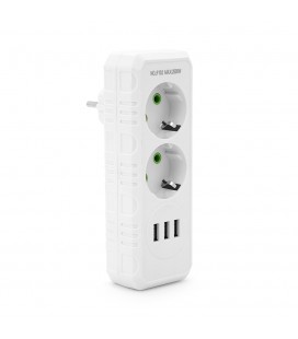 Розетка тройник с заземлением F102-White, 2 розетки+3USB(1А), 2500W, 10A, 110-250V~Max, Blister