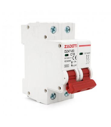 Автоматичний вимикач постійного струму ZADOTI DZ47-63C16 2P DC1000V, 16A, 6kA, DIN, 35*75*79mm