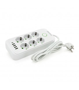 Сетевой фильтр F06U, 6 розеток EU + 4 USB + 1PD, кнопка включения с индикатором, 2 м, 3х0,75мм, 2500W, White, Box
