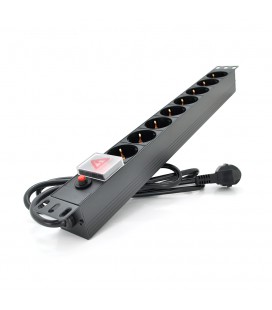 Подовжувач PiPo на 8 розеток з вимикачем + відсікач, 220В, німецький тип, 1U 19", алюмінієвий корпус, чорний довжина кабелю 1,8 