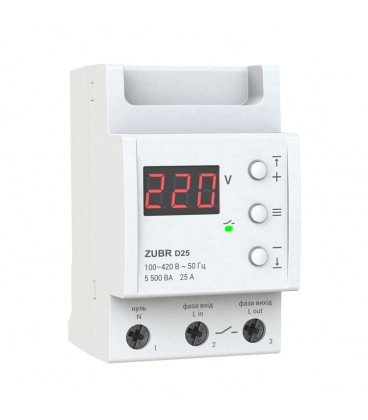 Захисне реле напруги однофазне D25 на DIN-рейку, 25А, 5500ВА, 120-280В, тримодульне з індикатором напруги (Червоний)
