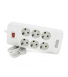Сетевой фильтр F33, 6 розеток EU, кнопка включения с индикатором, 2 м, 3х0,75мм, 2500W, White, Box