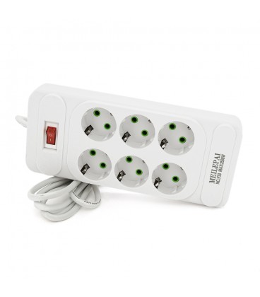Мережевий фільтр F33, 6 розеток EU, кнопка включення з індикатором, 2 м, 3х0,75 мм, 2500W, White, Box