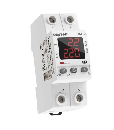 Захисне реле обмежувач потужності ОМ-14 M2R, однофазне, 13500Вт з індикацією напруги, струму, потужності (червоний)