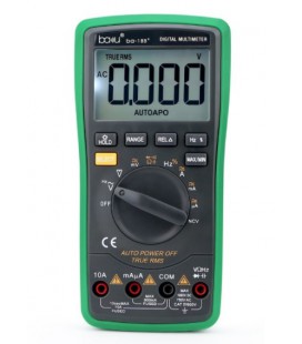 Мультиметр BAKKU BA-18B+ Измерения: V AC/DC, A AC/DC, Ω, C, F, hFE Функции: прозвонка, HOLD, подсветка.