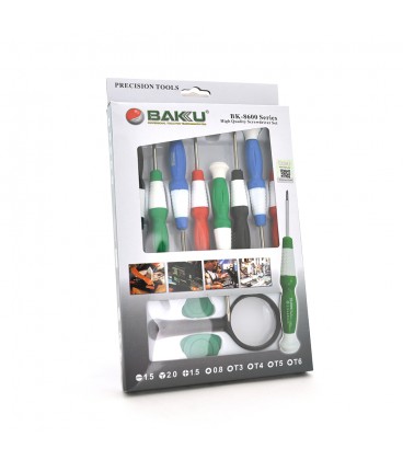 Набір інструментів BAKKU BK8600 (Викрутки: T3, T4, T5, T6, "мерс" 2.0, + 1.5, -1.5, * 1.5, 2 медіатора і лупа), Blister-box