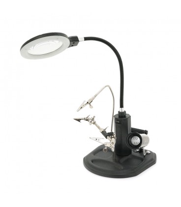 Держатель паяльный 'третья рука' TE-802. Линзы Ø85мм и Ø21мм. Увеличение 2.5X и 4X. 16 SMD LEDs. 3 зажима-помощника. Питание USB