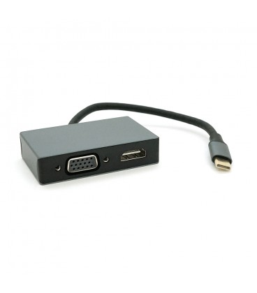 Хаб Type-C(папа) аллюминиевый, HDMI(мама)+VGA(мама)+USB3.0(мама)+PD(мама), 23cm, Silver