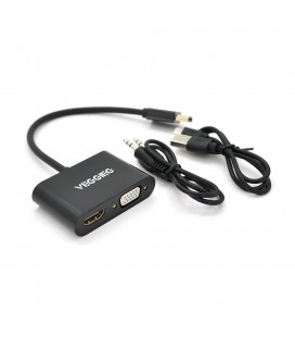 Конвертер VEGGIEG H-V500 HDMI (папа) на VGA(мама) + HDMI (мама), 25cm, Black, Пакет