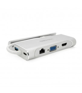 Хаб-конвертор VEGGIEG TC07-S Type-C (папа) на Type-C(мама) + USB3.0*3(мама) + HDMI(мама) + RJ45, 10см, Silver, Box