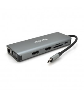 Хаб-конвертор VEGGIEG TC12 Type-C (папа) на Type-C(мама) + USB3.0*4(мама) + HDMI*2(мама) + VGA(мама) + SD/TF + RJ45, 10 см, Silv