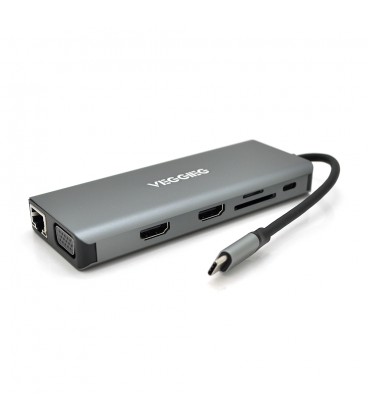 Хаб-конвертор VEGGIEG TC12 Type-C (папа) на Type-C(мама) + USB3.0*4(мама) + HDMI*2(мама) + VGA(мама) + SD/TF + RJ45, 10 см, Silv