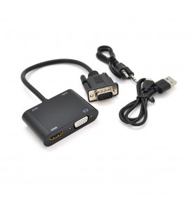 Конвертер VEGGIEG V2-H VGA (папа) на VGA(мама) + HDMI (мама), 25cm, Black, Пакет