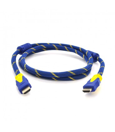 Кабель Merlion HDMI-HDMI 5.0m, v1.4, OD-8.0mm, 2 фільтра, обплетення, круглий Blue / Gold, коннектор Blue-yellow, (Пакет) Q50