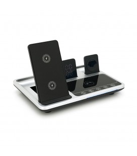 Беспроводная зарядка+ часы R-11 4в1, под телефон+часы+наушники, Black/Silver, Box