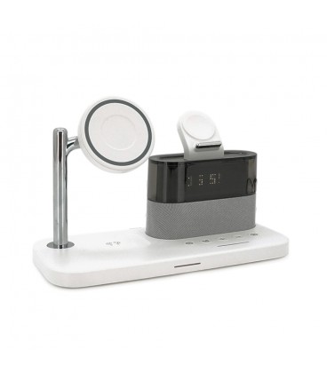 Беспроводная зарядка+ часы C-09 5в1, под телефон+часы+наушники, магниты, White, Box