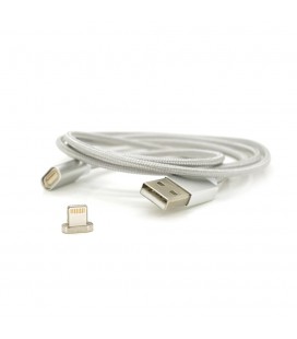 Магнитный кабель USB 2.0/Lighting, 1m, 2А, индикатор заряда, тканевая оплетка, съемник, Silver, Blister ( под наконечник 1938 )