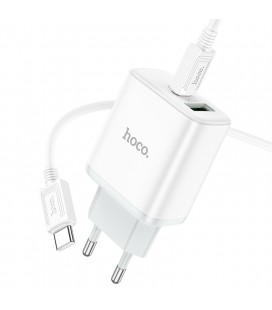 Набор СЗУ 110-240V HOCO C105A + кабель Type-C, ports: USB-C+USB, PD20W+QC3.0, кабель 1м, White, Box