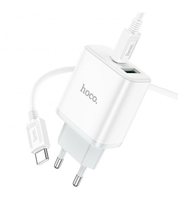 Набор СЗУ 110-240V HOCO C105A + кабель Type-C, ports: USB-C+USB, PD20W+QC3.0, кабель 1м, White, Box