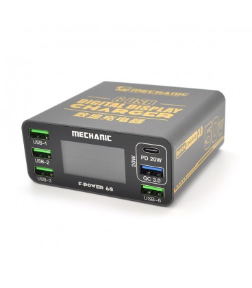 Зарядні станція з цифровою індикацією MECHANIC F-Power 6S, PD3.1-5В4А, 9В2.2A, 12В1.67А, 15В3А, 20В2,25А, QC-3 .4*USB-A. 220V/50
