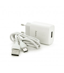 Набор СЗУ 110-240V HOCO C72A+ кабель Type-C, 1xUSB, 2.4A, кабель 1м, White, Blister