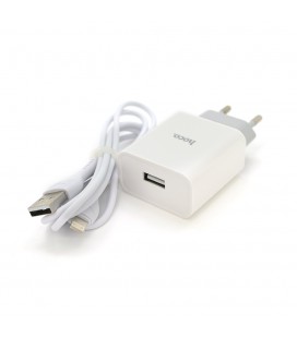 Набор СЗУ 110-240V HOCO C81A 1xUSB+ кабель Lighting, 2.1A, кабель 1м, White, Blister