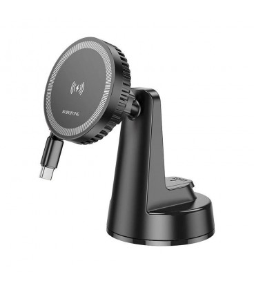 Автотримач BOROFONE BH208 + Wireless Charging 15W, кріплення на торпеду, клямка 50-90мм, Black, Box
