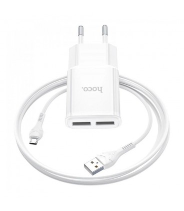 Набір СЗУ 110-240V HOCO C88A + кабель Micro, 2xUSB, 2.4A, кабель 1м, White, Box