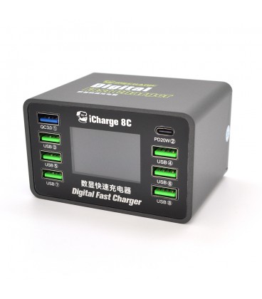 Зарядная станция с цифровой индикацией MECHANIC iCharge 8C , 6*USB-A, QC3.0-5В3А,9В2A,12В1.5А, PD3.1-5В4А,9В2.22A,12В1.67А, 220V