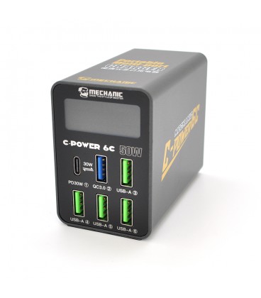 Зарядна станція з цифровою індикацією MECHANIC C-Power 6C, 4*USB-A, 1*QC3.0-5В3А,9В2A,12В1.5А, 1*PD3.1-5В3А,9В2.22A,12В1.67А, 22