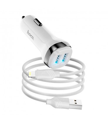 Набір АЗУ 12-24V HOCO Z40 + кабель Lighting, 2xUSB, 2.4A, кабель 1м, White, Box