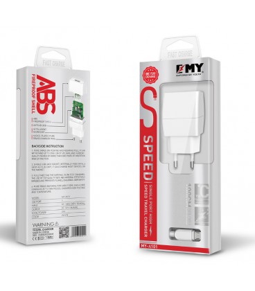 Набір 2 в 1 СЗУ With Iphone Cable 110-240V MY-A101, 1 x USB, 5V/5W, Output: 5V/1A, White, Blister-, Q25