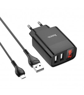 Набор СЗУ 110-240V HOCO C86A + кабель Micro, 2xUSB, 2.4A, кабель 1м, Black, Box