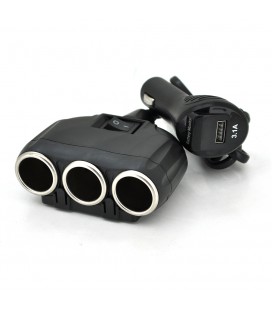 АЗП розгалужувач + вольтметр Olesson 1634, 12V-3 * 12V + USB, Black, Blister