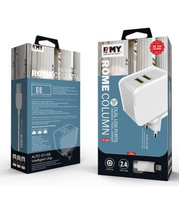 Набір 2 в 1 СЗУ With Iphone Cable 110-240V MY-A203, 2 x USB, 5V/12W, Output: 5V/2.4A, White, Blister-box