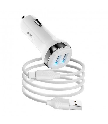 Набор АЗУ 12-24V HOCO Z40 + кабель Type-C, 2xUSB, 2.4A, кабель 1м, White, Box