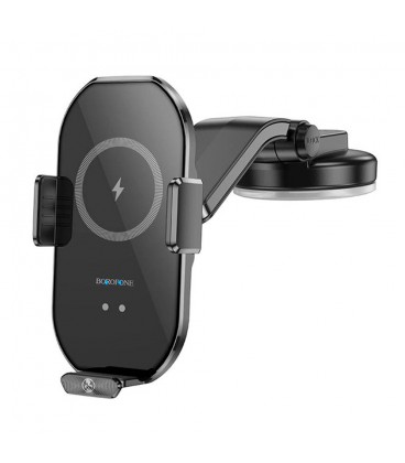 Автотримач BOROFONE BH206+ Wireless Charging 15W, кріплення на торпеду, клямка 50-90мм, Black, Box