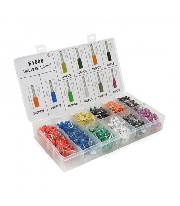Набор клемм/наконечников 1200шт E1008 (R-200, B-200, Y-100, Bl-100, O-100, Br-100, G-100, W-100, Gr-100, V-100) в боксе