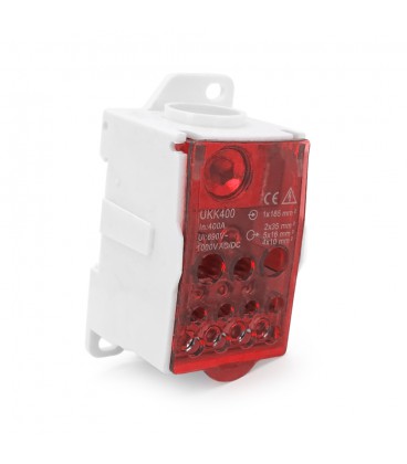 Паралельний розгалужувач-спліттер проводів UKK400, 11 виходів (латунь) 2х35мм+5х16мм+4х10мм, вхід 1х185мм, AC/DC 1000V, 400А, 95